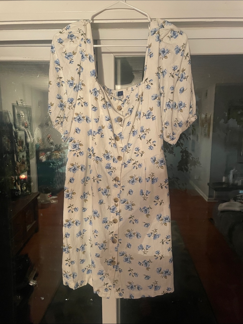 Old Navy Cream Midi Dress with Blue Floral Print